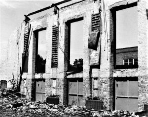 The school's hall, destroyed by fire, 1973